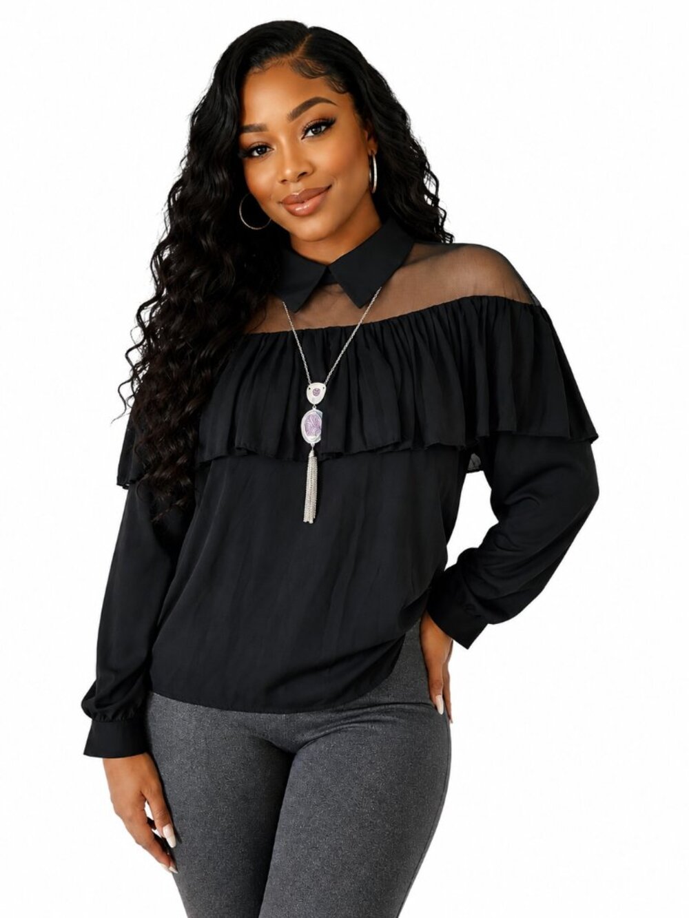 Elegant Black Sheer-Yoke Ruffle Blouse